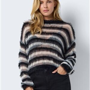 Noisy May Morgan Knit Fuzzy Striped Sweater in Black